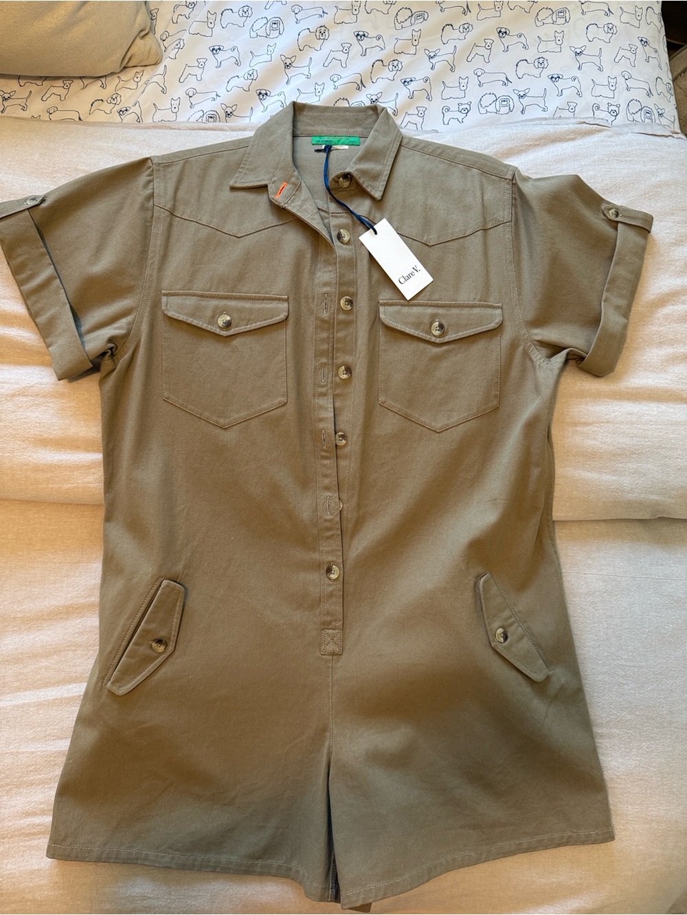 Clare V. carpenter minimalist cargo romper in tan cotton twill fabric